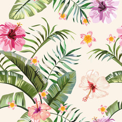 Wall Mural - Tropical vivid flowers leaves seamless background