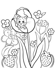 Wall Mural - Coloring page outline of cute cartoon forest vole or mouse with flower tulip. Vector image with floral background. Coloring book of forest wild animals for kids