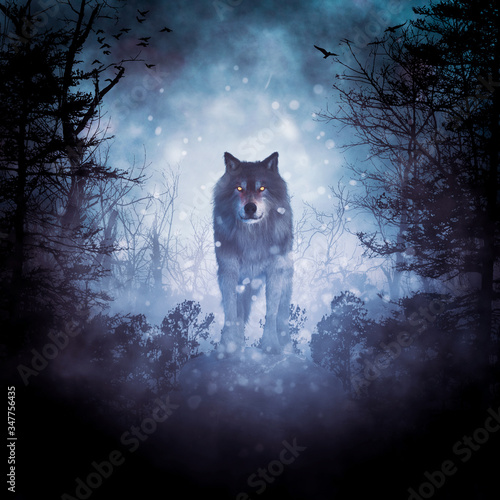 Dekoracja na wymiar  wilk-w-ciemnym-tajemniczym-lesie-mglistym-renderowanie-3d