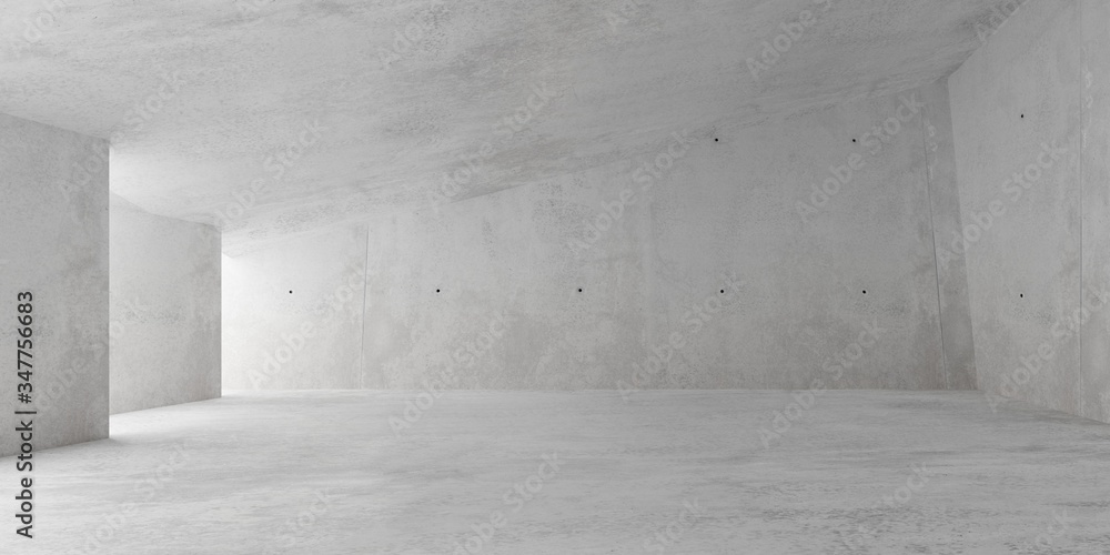 Abstract empty, modern concrete walls room with indirekt light from the left and rough floor - industrial interior background template - obrazy, fototapety, plakaty 