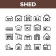 Shed Construction Collection Icons Set Vector. Shed Building For Storaging Pitchfork And Rake, Shovels And Trolley, Falling Apart Storage Concept Linear Pictograms. Monochrome Contour Illustrations