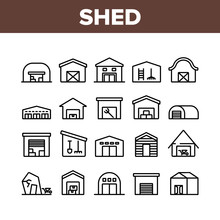 Shed Construction Collection Icons Set Vector. Shed Building For Storaging Pitchfork And Rake, Shovels And Trolley, Falling Apart Storage Concept Linear Pictograms. Monochrome Contour Illustrations