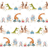 Fototapeta Dziecięca - Beautiful vector seamless pattern for children with watercolor hand drawn cute animals on transport. Stock illustration.