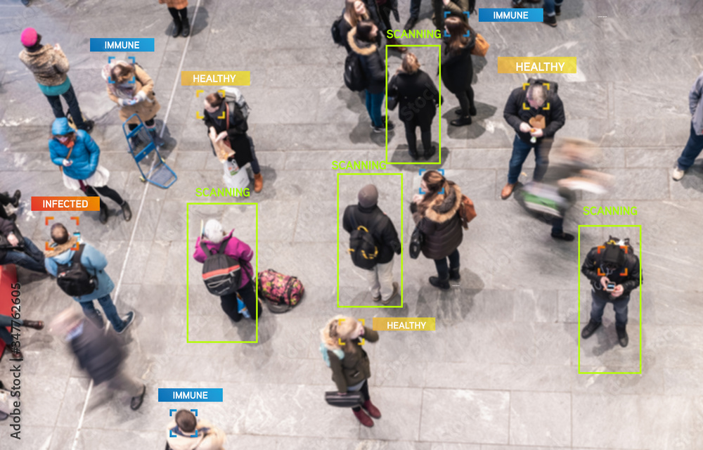 App scanning and tracking blurred people for Coronavirus prevention in city center - Software against Covid-19 outbreak - Big data, privacy, immune, healthy and infected concept - Defocused photo - obrazy, fototapety, plakaty 