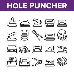 Wall Mural - Hole Puncher Tool Collection Icons Set Vector. Hole Puncher Stationery Equipment, Office Accessory, Punching Paper Instrument Concept Linear Pictograms. Monochrome Contour Illustrations