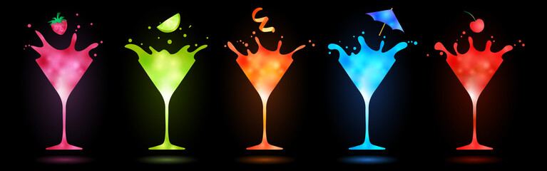 Wall Mural - colorful cocktails in martini glasses splashing on black background