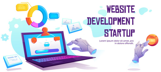 Wall Mural - website development startup banner. launch project in web technologies. vector landing page of inter