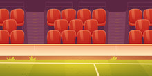 Seats On Sport Stadium With Soccer, Football Or Basketball Field. Vector Cartoon Illustration Of Empty Fan Tribune With Rows Of Plastic Red Chairs And Green Grass On Court