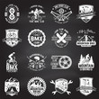 © sivvector - Set of bmx, skateboard, mtb extreme sport club badge on chalkboard. Vector. Concept for shirt, logo, print, stamp, tee with man ride on a sport bicycle, skateboard and bmx. Extreme sport club badge