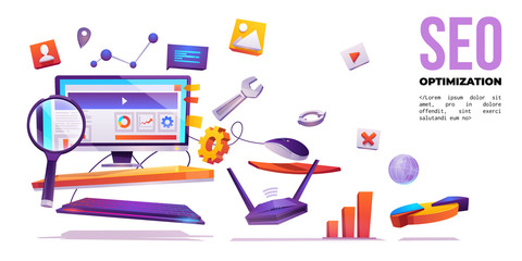 Wall Mural - seo optimization banner. technology for internet marketing and digital business content. computer de