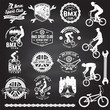 Set of bmx extreme sport club badge. Vector. Concept for logo, print, stamp, tee with man ride on a sport bicycle. Vintage typography design with bmx cyclist, bmx sprocket and chain silhouette.