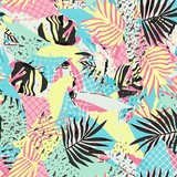 Fototapeta Motyle - Abstract vector pattern suitable for printing children's prints on textiles, fabrics, clothes, boys, girls.Geometric pattern with tropical leaves monstera retro style. Jungle ornament. Memphis.
