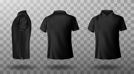 men black polo shirt front and back view. vector realistic mockup of male blank t-shirt with collar 