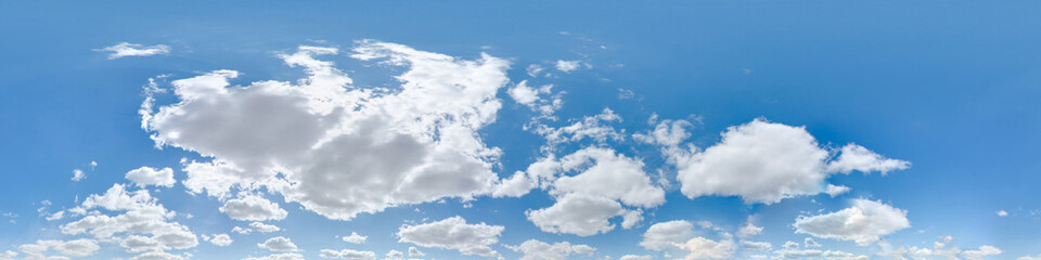 Wall Mural - Sky 360 with clouds and sun. Image with 3D spherical panorama with 360 degree viewing angle. Ready for virtual reality in vr. Semi equirectangular projection. Background for games. Huge resolution.