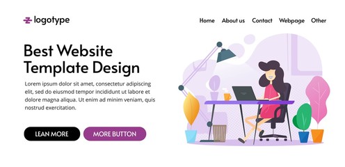 Coworking office working space website template design or co working workplace table desk web site banner idea vector flat illustration, concept of woman distance work place or home office modern