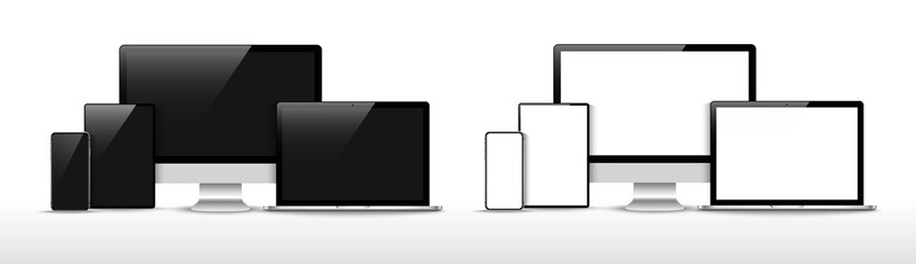 Set of compute, laptop, smartphone with empty screens. Design on transparent background. . Vector illustration