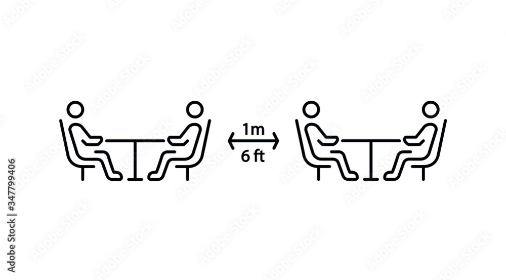 Social distancing in cafe. Distance of 1 meter/6 ft between the tables in cafe or restaurant. Keep a safe simple thin line icon vector illustration - obrazy, fototapety, plakaty 