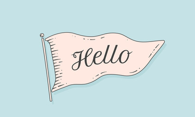 Wall Mural - flag engrave. old vintage trendy flag with text hello, hi. vintage banner with ribbon flag, engrave 