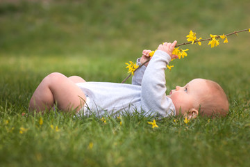 Little baby boy is lying on green gras and playing with yellow flower