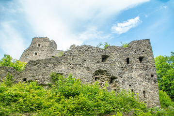 the ruins of an old castle overgrown with grass. Nevytskyi castle Uzhhorod.