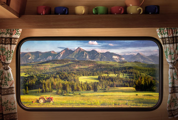 Wall Mural - Sunset at Belianske in Tatra mountains, view from camper window