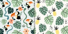 Tropical Seamless Patterns Set With Exotic Birds And Fruits, Toucan, Pineapple, Modern Design