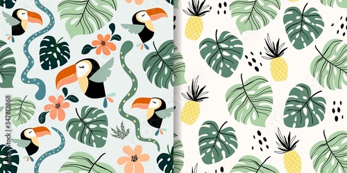 Obraz Dibond Tropikalne wzory bez szwu z egzotycznymi ptakami i owocami, tukan, ananas, nowoczesny design
