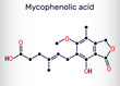 Mycophenolic acid, MPA, mycophenolate, C17H20O6 molecule. It is an immunosuppresant drug and potent anti-proliferative. Skeletal chemical formula