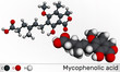 Mycophenolic acid, MPA, mycophenolate, C17H20O6 molecule. It is an immunosuppresant drug and potent anti-proliferative. Molecular model