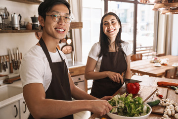 Poster - Image of young multicultural couple in aprons laughing and making lunch