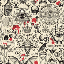 Vector Seamless Pattern On A Theme Of Freemasonry, Satanism And Occultism In Retro Style. Abstract Repeating Illustration With Hand-drawn Sketches And Blood Drops On The Old Paper Background