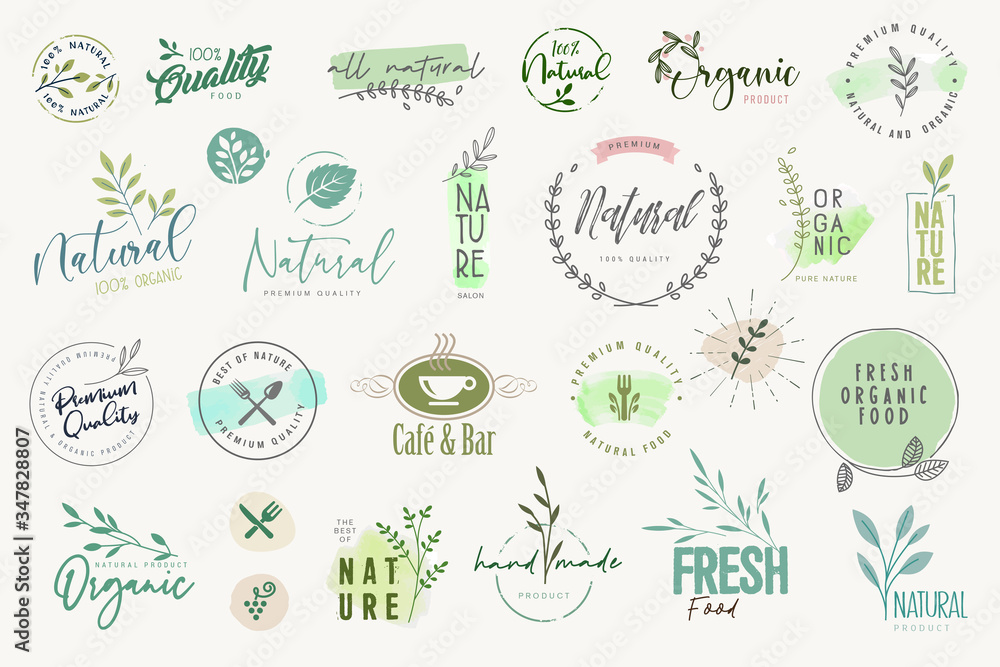 Set of stickers and badges for organic and natural products. Vector ...