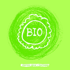 Wall Mural - Bio food label. Square hand-drawn banner of Green Thinking badge on chalkboard background. Healthy food icon, pencil background. Trendy vector farmer logo, organic concept, natural cosmetics.
