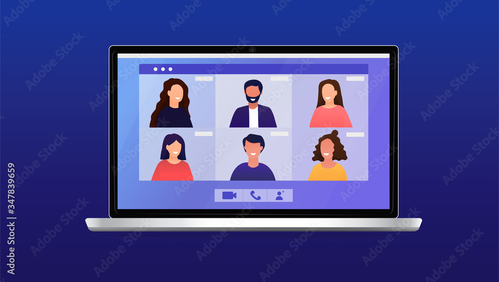 Conference video call, remote project management. People communicate ...