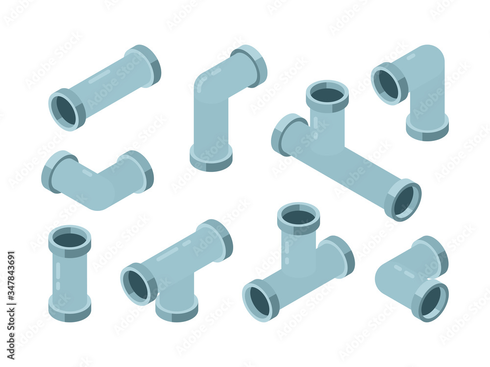 Pipe isometric. Industrial connection oil pipes with red valve vector isolated set. Illustration pipe isometric, metal equipment curve