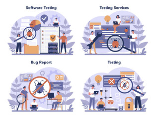 Testing software concept set. Application or website code test process.