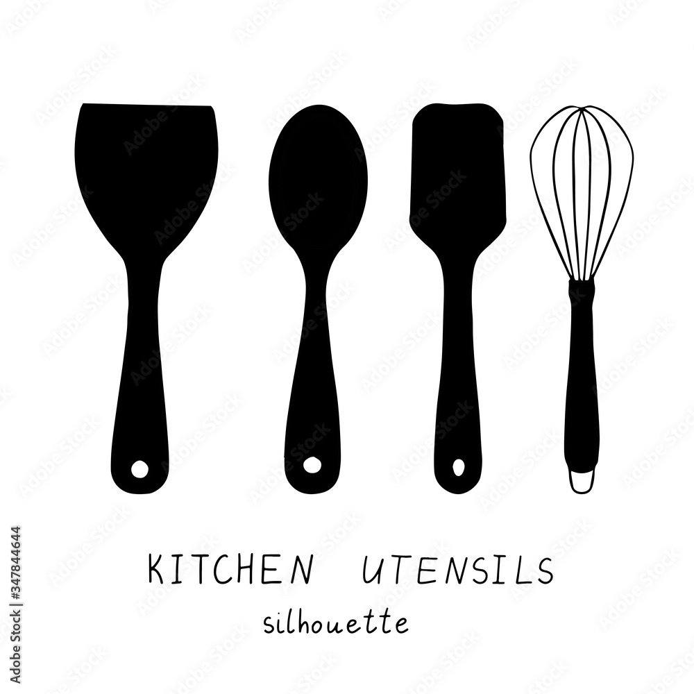 Set of black silhouettes of kitchen utensils for design. Icons, logo for  the site. Illustration of a wooden spoon, whisk, spatula. Stock Vector |  Adobe Stock, image size:1000x1000