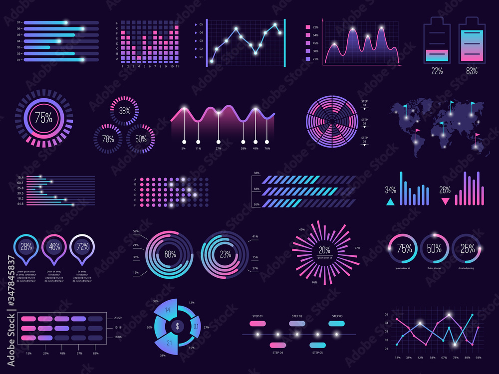 Business infographic. Charts futuristic graphs holographic bar ui panels dark theme vector template. Illustration holographic dashboard, digital graph futuristic, interface report - obrazy, fototapety, plakaty 