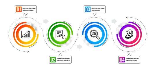 Wall Mural - Data analysis, Document and Graph chart line icons set. Infographic timeline. Cashback sign. Magnifying glass, File with diagram, Growth report. Financial transfer. Finance set. Vector