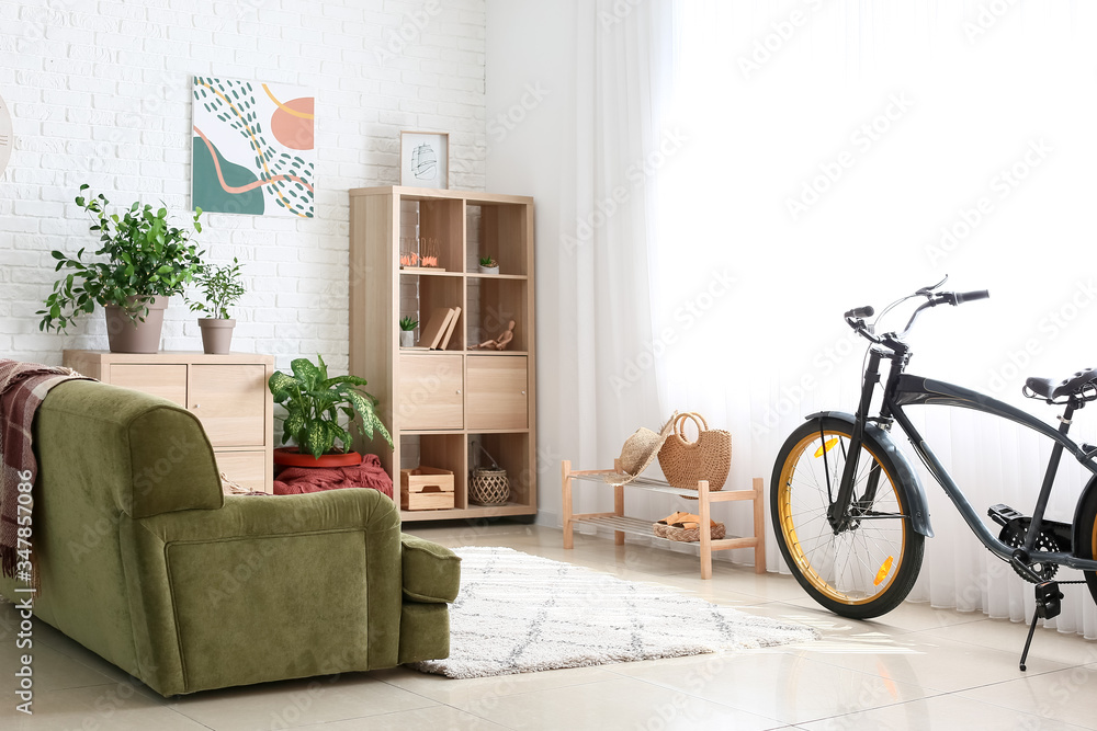 Interior of modern room with bicycle