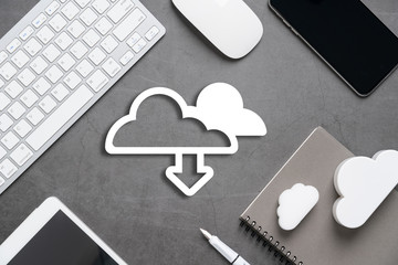 Cloud technology icon for global business concept on a desk from top view