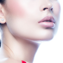 Wall Mural - Lips, close-up beauty female face. Partial beauty face of young woman, healthy skin, sensual mouth