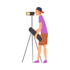 Poster - Boy Skateboarder Blogger Streaming Online Recording Video with Camera, Film Scene or Video Blog Recording Process Cartoon Vector Illustration