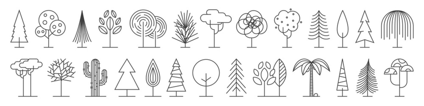 Wall Mural - Big set of minimal trees linear icons - vector