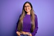 © Krakenimages.com - Young beautiful smart woman wearing glasses over purple isolated background with a happy and cool smile on face. Lucky person.