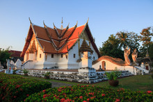 Buddhist Temple Of Wat Phumin In Nan, Thailand In Morning Sky.