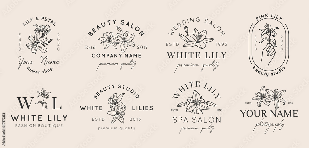 Set of Feminine logos with Lily flowers in simple minimal linear style. Vector floral emblem and icon - obrazy, fototapety, plakaty 