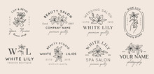 Set Of Feminine Logos With Lily Flowers In Simple Minimal Linear Style. Vector Floral Emblem And Icon
