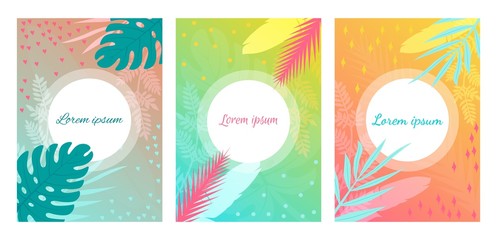 Set of Summer banner with tropical leaves, decorative elements. Vector illustration. Seasonal shopping