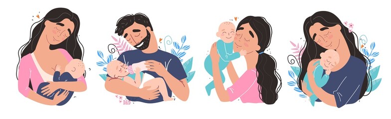 Wall Mural - Young happy parents hug their newborn baby